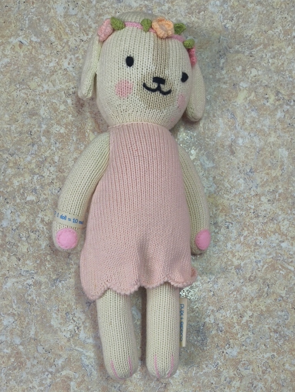 Handmade Pink Knit Dog Plush Toy - Soft Cream & Pink Puppy By Cuddle +Kind Ec.